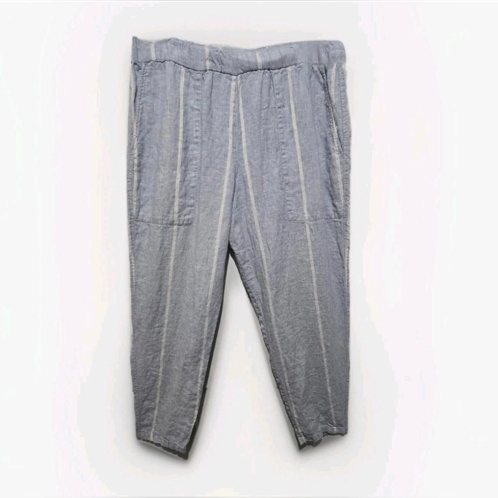 OSKA Linen Pants Blue & White Stripes Women's Trousers Elastic Waist 32" Size 2